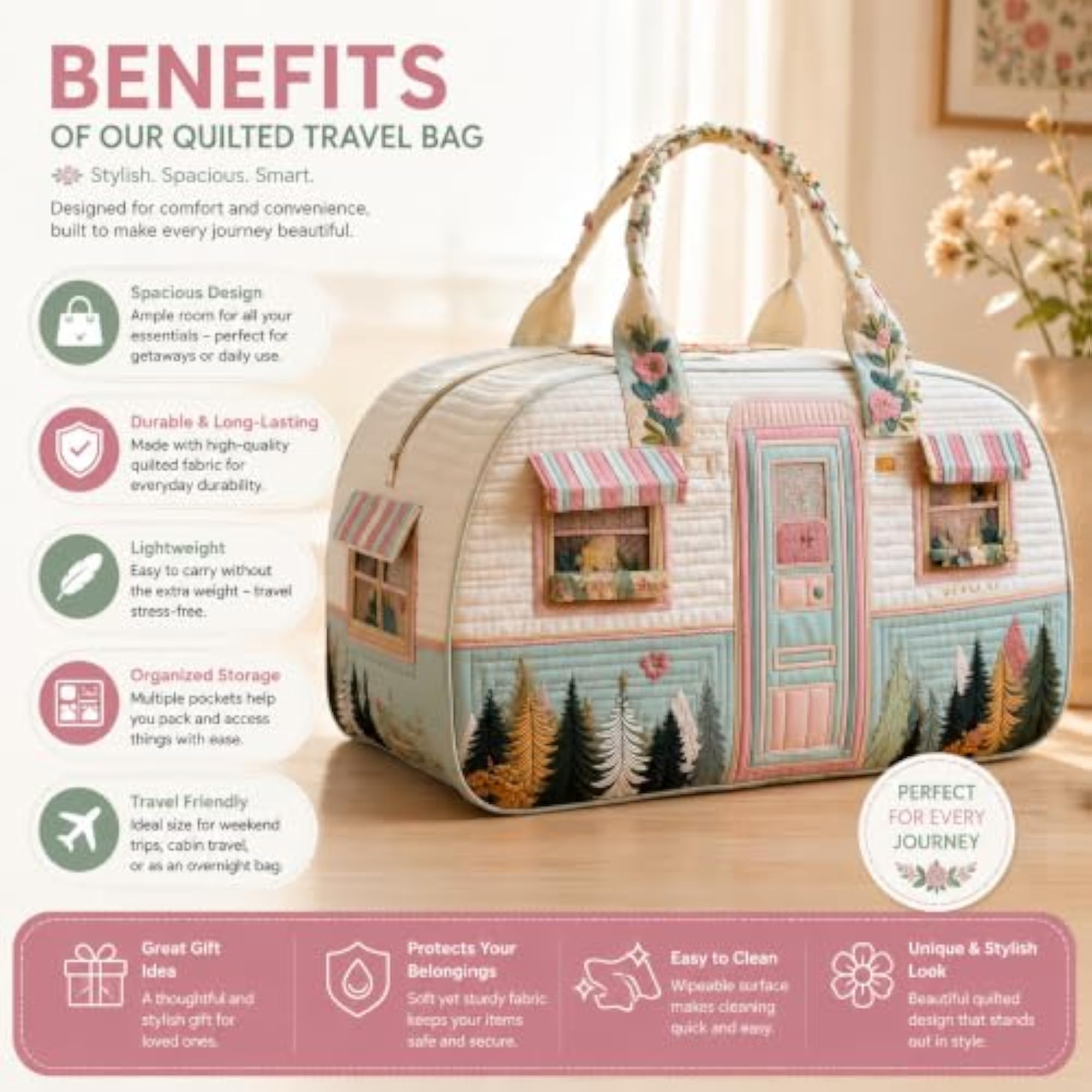 Travel Duffel Bag with Floral Design, Lightweight and Spacious